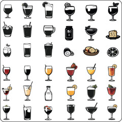 set of drinks,Moscow mule, bloody mary, pina colada, mojito, margarita, daiquiri, Mimosa, long island iced tea, Bellini, margarita, Cocktails of alcohol set. Vector illustration
