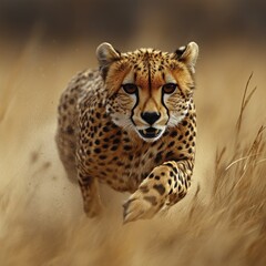Cheetah stalking prey in tall savanna grass, dust kicked up.