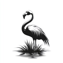 Black and white illustration of a flamingo standing in the water.