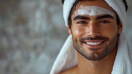 A smiling man with a towel and facial treatment, exuding relaxation and wellness.