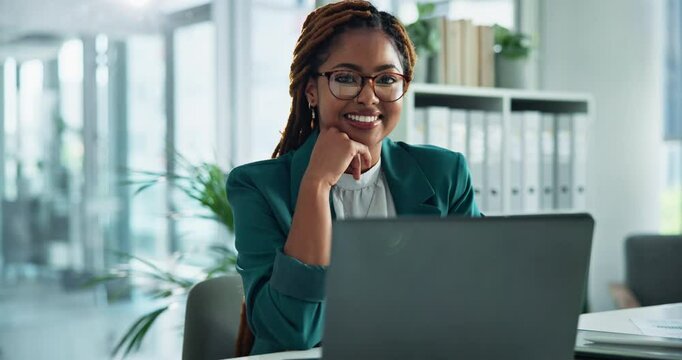 Laptop, face and happy business woman in office for job, career or confident. African worker, smile or portrait with computer for policy development, rules or compliance officer with glasses in Kenya