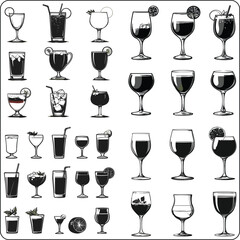 set of drinks,Moscow mule, bloody mary, pina colada, mojito, margarita, daiquiri, Mimosa, long island iced tea, Bellini, margarita, Cocktails of alcohol set. Vector illustration
