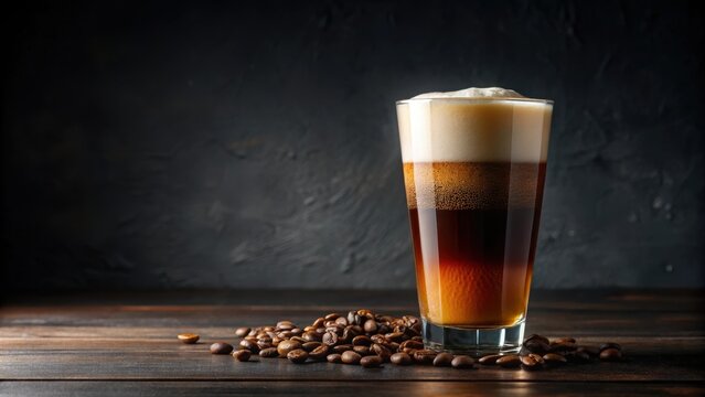 Perfectly poured nitro cold brew coffee with cascading foam , nitro cold brew, coffee, beverage, drink, foam, pouring
