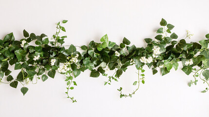 Fototapeta premium green ivy leaf border with white flowers on white background isolated floral border