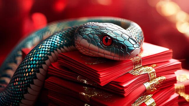 A playful snake wrapped around a stack of red envelopes, representing gifts of luck and wealth for the New Year