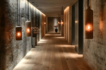 Fototapeta premium A modern hallway with warm lighting and decorative elements.