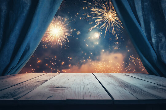 Rustic wooden table beneath vibrant fireworks viewed through an open window with blue curtains, showcasing a sparkling and festive night sky. Ideal for holiday or celebration themes.