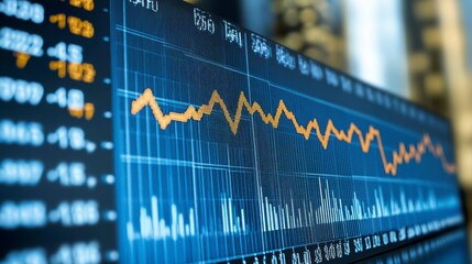 Abstract financial graph with a sharp upward trend line and directional arrows on a sleek blue backdrop representing market growth and business potential