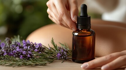 A hand holding a dropper over an amber bottle beside lavender flowers.