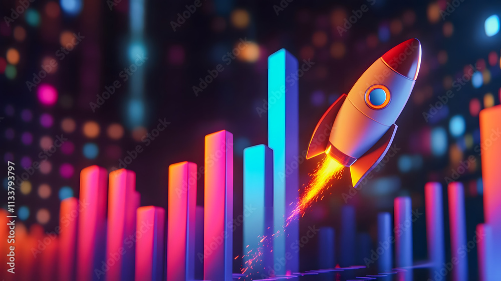 Poster rocket launching into digital space with colorful graphs and data visualizations representing growth