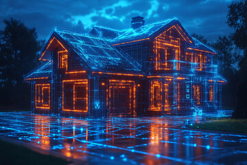 A modern home controlled by an AI system, with a holographic interface displayed