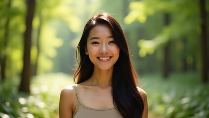 Fototapeta premium A asian young woman stands in a sunlit forest, smiling peacefully.