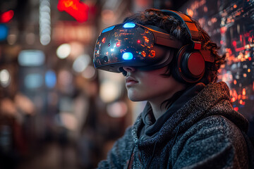 A gamer with VR equipment immersed in a hyper-realistic virtual world