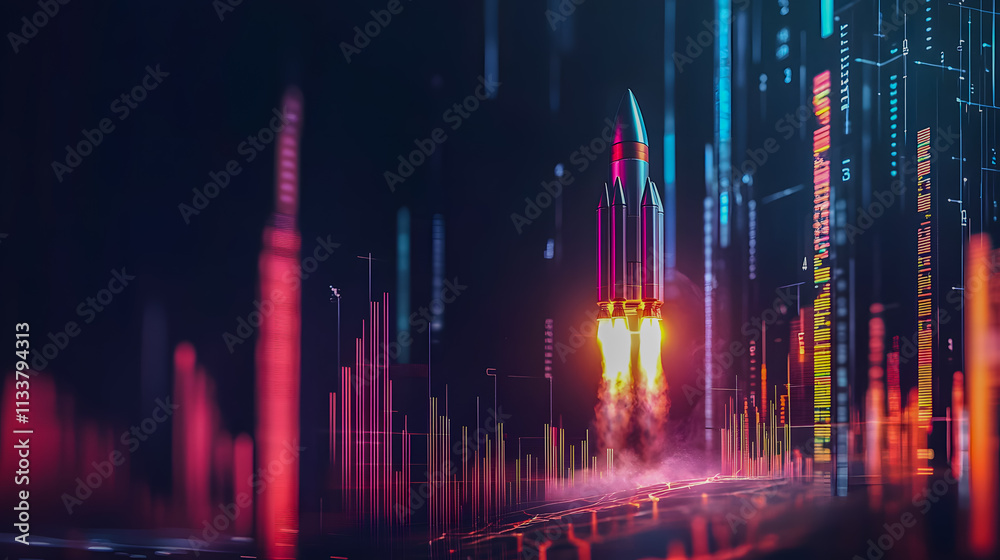 Poster futuristic rocket launch with glowing data visualization and dynamic graphs representing technologic