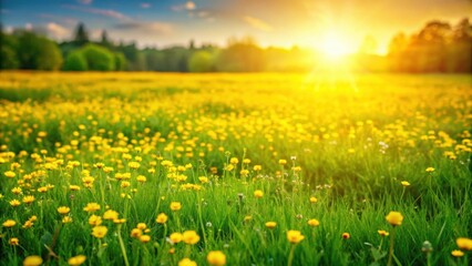 Fototapeta premium Lush green grass field with vibrant yellow flowers blooming, meadow, nature, sunny, vibrant, colorful, spring, flora