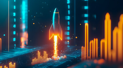 Futuristic Rocket Launching into Space with Glowing Data Visualizations and Bright Flames in a High-Tech Digital Environment
