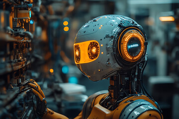 A human and a robot working side by side in a futuristic factory setting
