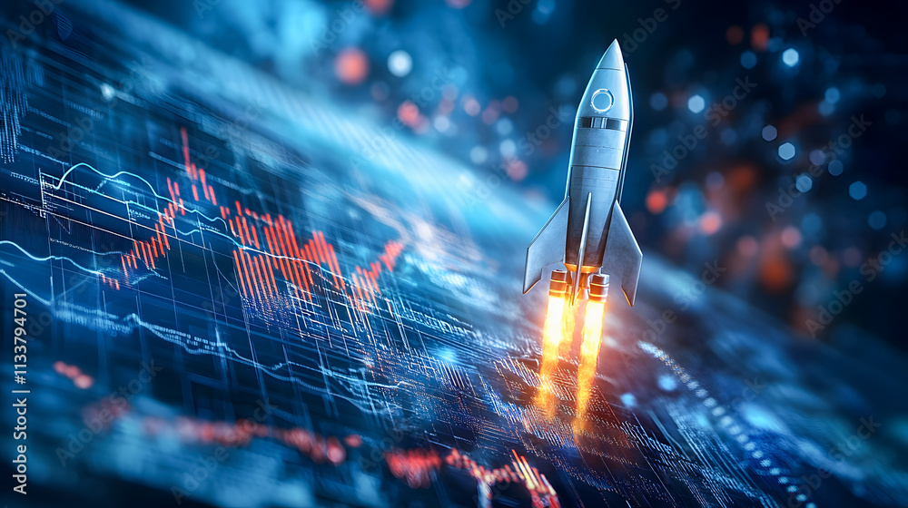 Poster rocket launching into space with colorful digital background featuring data charts and dynamic effec