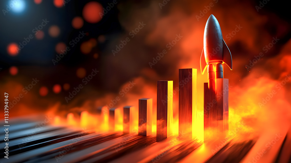 Poster rocket launching from bar graph with fiery background creating a dynamic business growth concept in 