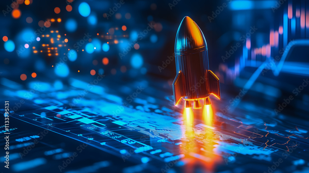 Poster futuristic rocket launching from digital interface with glowing lights and data visualization in bac