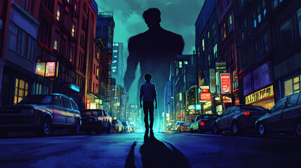 A lone teenager walking down an empty city street at night their looming shadow cast larger than themselves symbolizing the emotional weight and inner turmoil they are carrying. Looming. Illustration