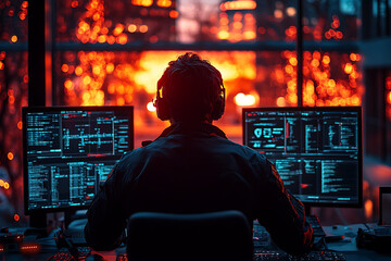 A professional monitoring data on multiple screens with warning signs about a cyberattack