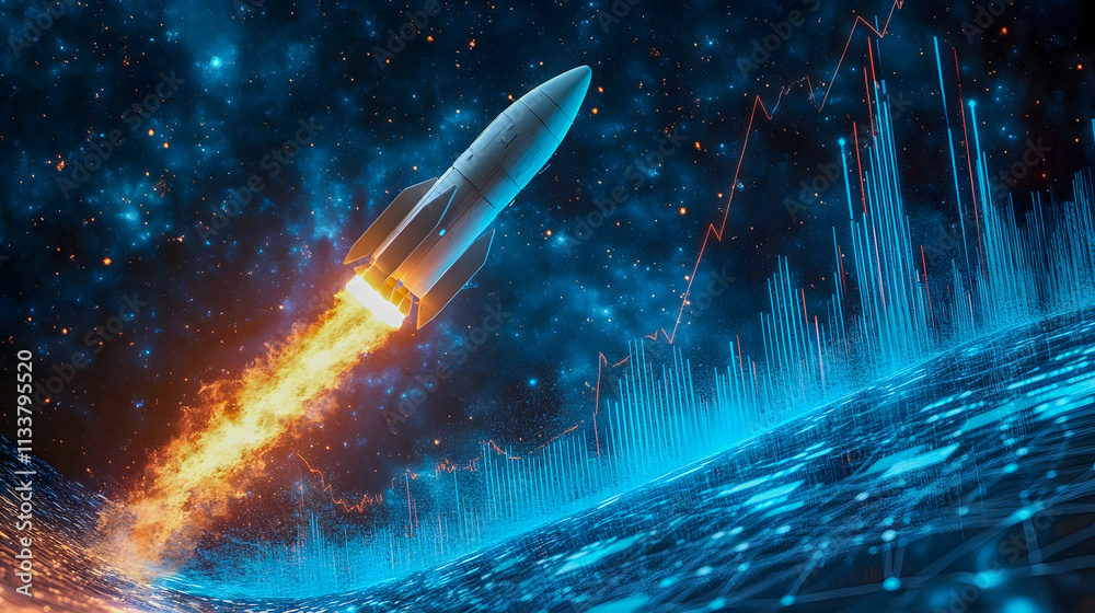 Poster futuristic rocket launching into space with digital data visualization on background representing gr