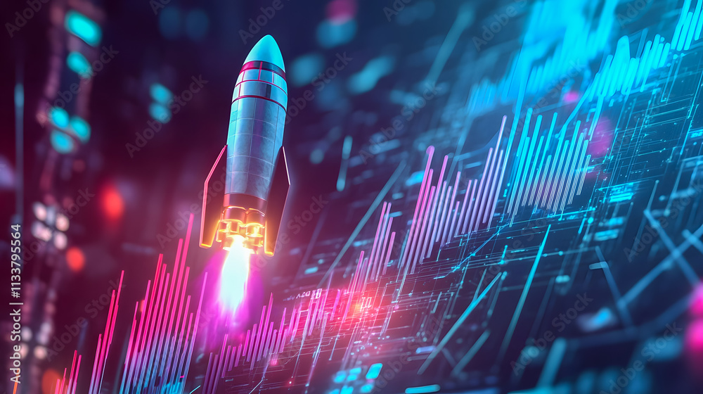 Poster futuristic rocket launching into space with data visualization elements and neon colors representing