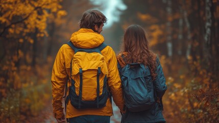 Fototapeta premium A couple walks hand-in-hand through a serene autumn forest, surrounded by vibrant foliage.