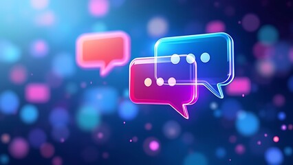 Creative chat hologram with speech bubbles on blurred blue background. Artificial intelligence concept
