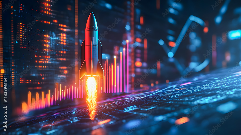 Poster futuristic rocket launching with vibrant data visualization and digital elements in background for i