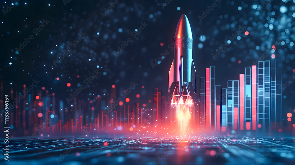 Poster futuristic rocket launch with abstract data visualization and glowing elements in a night sky with s