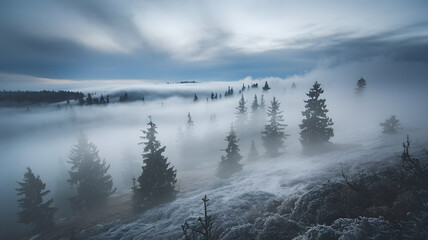Fototapeta premium Misty forest landscape with evergreen trees and foggy atmosphere.