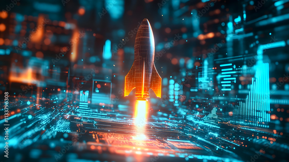 Poster futuristic rocket launch in vibrant digital space with glowing data flows and technological patterns