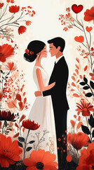 Fototapeta premium Romantic Couple Embracing in Colorful Flower Field, Capturing a Blissful Moment of Love and Connection Amidst Nature's Beauty, Bathed in Warm Sunlight and Surrounded by Blooms