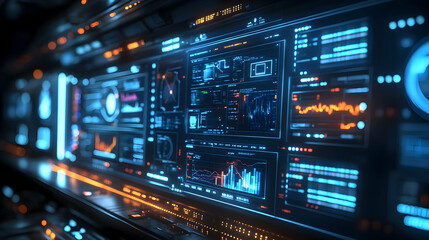 Obraz premium Futuristic control panel displaying data and analytics in a high-tech environment.