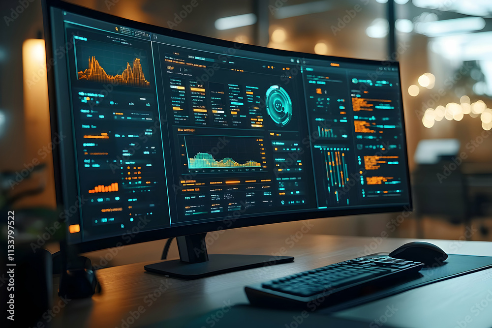 Poster a modern workspace featuring a curved monitor displaying data analytics and visualizations.