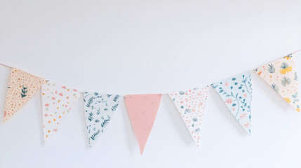 Obraz premium pastel pink and blue floral triangle bunting party banner decoration on white wall