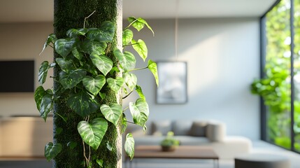 Monstera Dubia in a Pot in a Living Room with Soft Natural Blur Background
