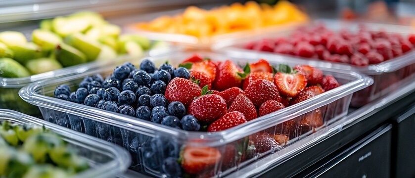 Assorted fresh fruits in plastic trays.
