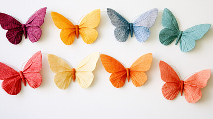colorful fabric butterflies hanging against a white background