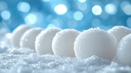 Snowballs nestled in snow against a blue backdrop