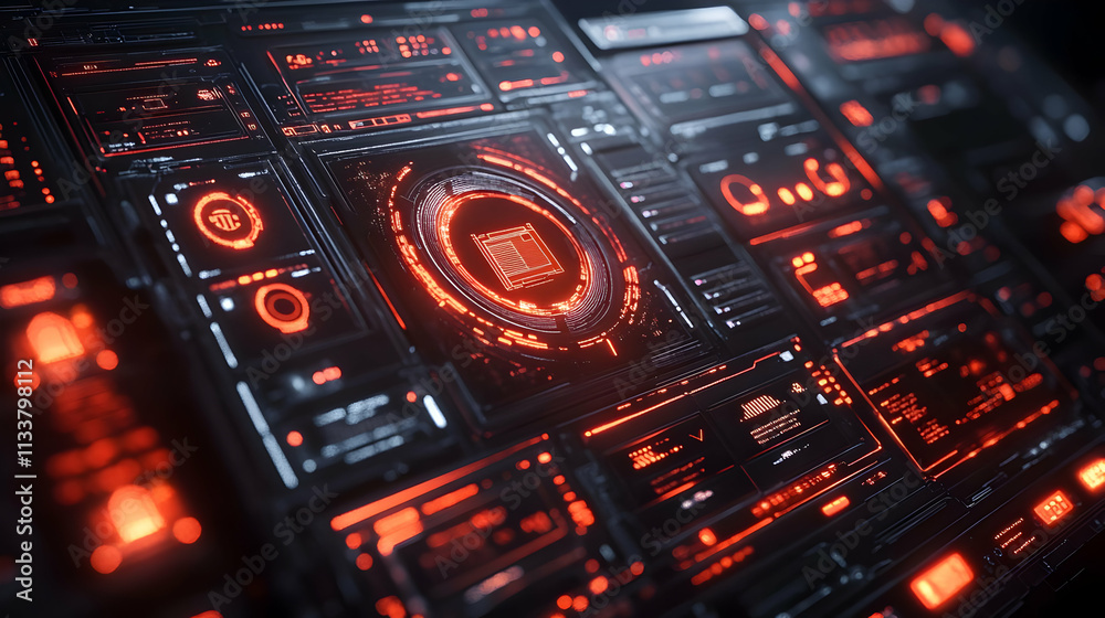 Poster futuristic interface displaying data and metrics in a high-tech, glowing design.