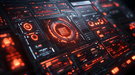 Obraz premium Futuristic interface displaying data and metrics in a high-tech, glowing design.