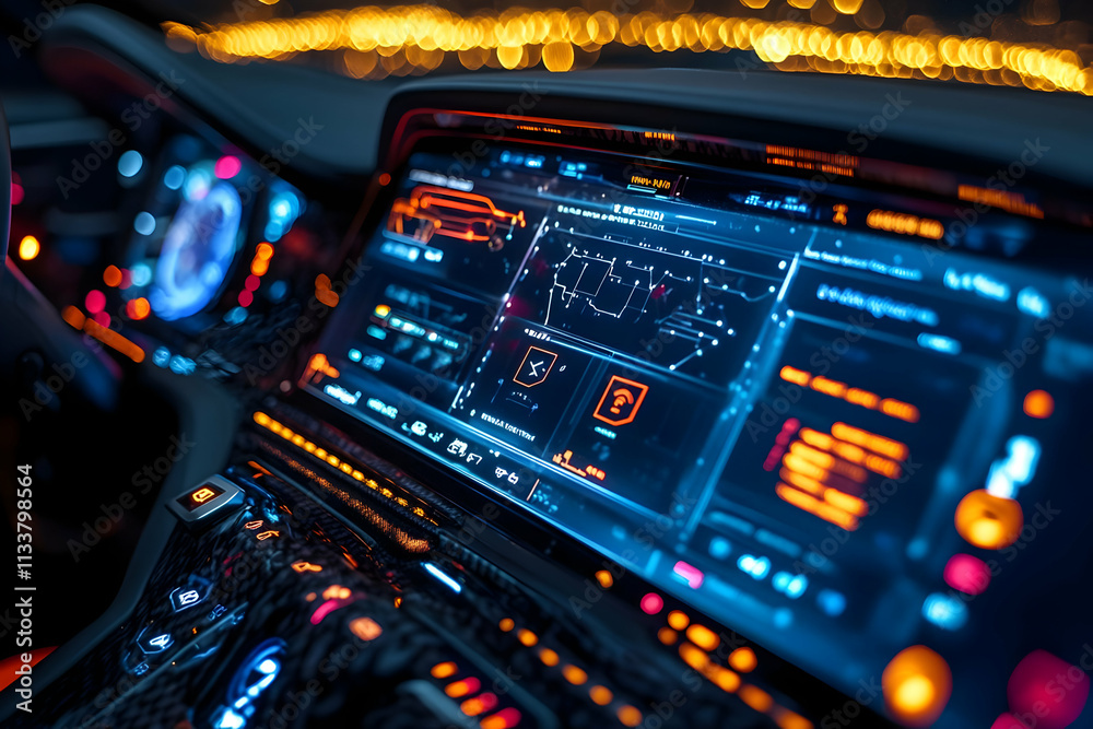 Poster a high-tech dashboard displaying intricate data and controls in a modern vehicle.