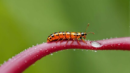 Vibrant Orange Beetle on Dew Covered Plant Stem