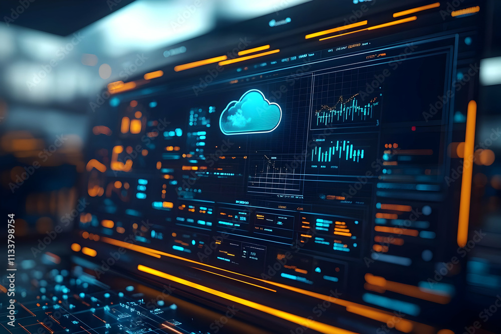 Poster futuristic interface displaying cloud data analytics and visualizations.