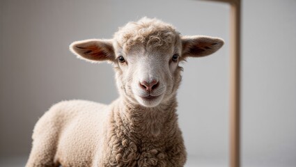 Obraz premium Adorable young lamb looking at the camera with a friendly expression on a neutral background