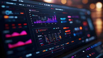 Obraz premium A digital dashboard displaying data analytics with colorful graphs and metrics.