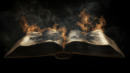 open book engulfed in flames, with charred pages and smoke rising, symbolizes destruction and loss of knowledge. intense fire creates dramatic and emotional scene